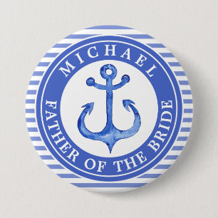 Nautical Blue Anchor Striped Wedding Party Button
