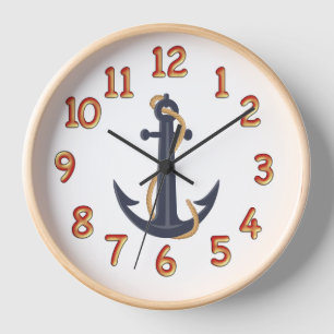Nautical Blue Anchor Wall Clock Natural Wood Frame