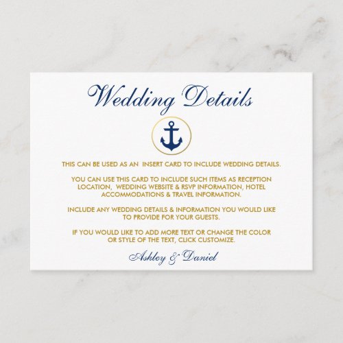 Nautical Blue Anchor Wedding Details Insert Card