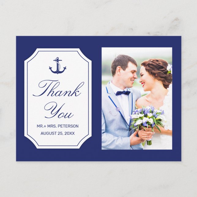 Nautical Blue Anchor Wedding Photo Thank You  Postcard (Front)