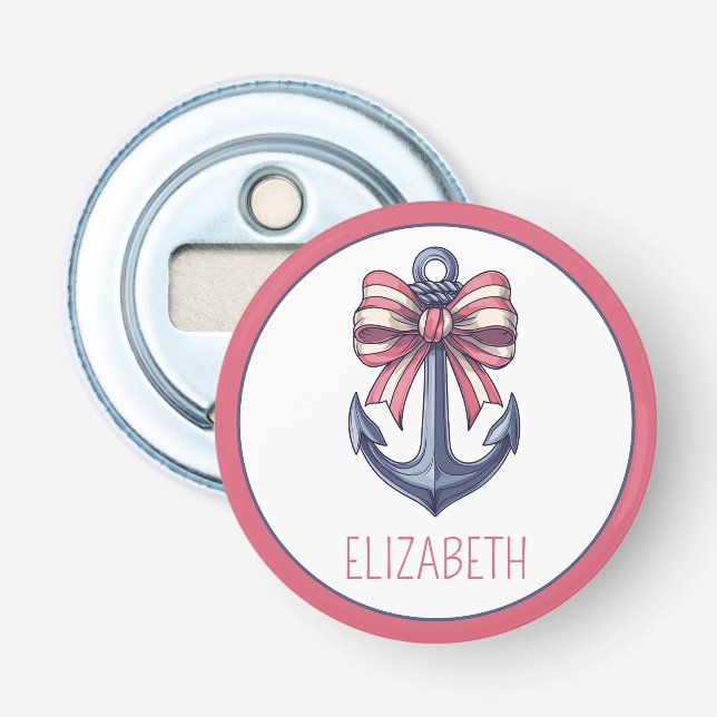 Nautical Blue Anchor With Red and White Stripe Bow Bottle Opener (Front)