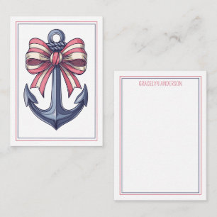 Nautical Blue Anchor With Red and White Stripe Bow Note Card