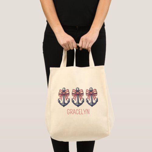 Nautical Blue Anchor With Red and White Stripe Bow Tote Bag