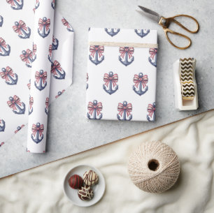 Nautical Blue Anchor With Red and White Stripe Bow Wrapping Paper
