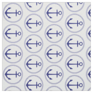Nautical Blue Anchors and Rope on White Fabric