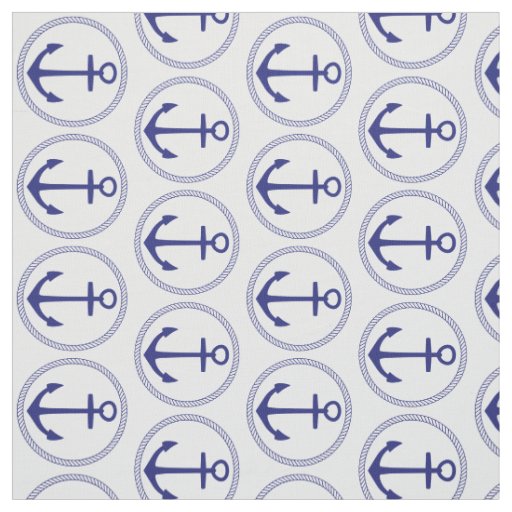 Nautical Blue Anchors and Rope on White Fabric