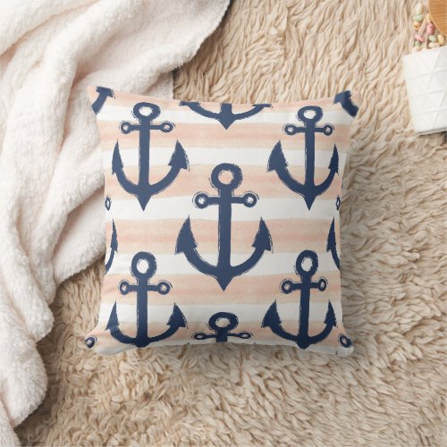 Nautical Blue Anchors Beach House Lakeside Boho Throw Pillow
