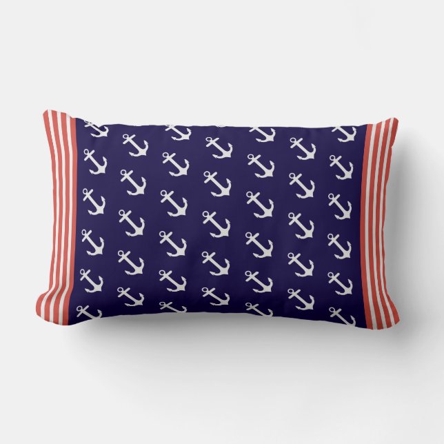 Nautical Blue Anchors Stripes Throw Pillow (Front)