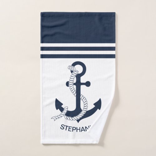 Nautical blue anchors with blue and white stripes bath towel set