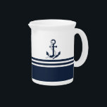 Nautical blue anchors with blue and white stripes beverage pitcher<br><div class="desc">Nautical blue anchors with blue and white stripes on a blue and white background. Matching items available in our store.</div>
