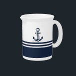 Nautical blue anchors with blue and white stripes beverage pitcher<br><div class="desc">Nautical blue anchors with blue and white stripes on a blue and white background. Matching items available in our store.</div>