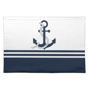 Nautical blue anchors with blue and white stripes cloth placemat