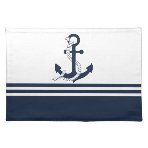 Nautical blue anchors with blue and white stripes cloth placemat