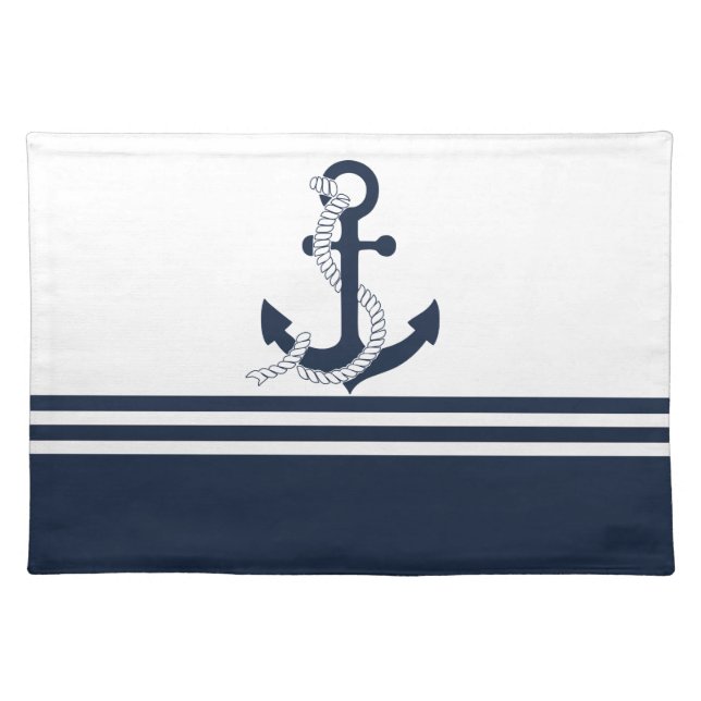 Nautical blue anchors with blue and white stripes cloth placemat (Front)