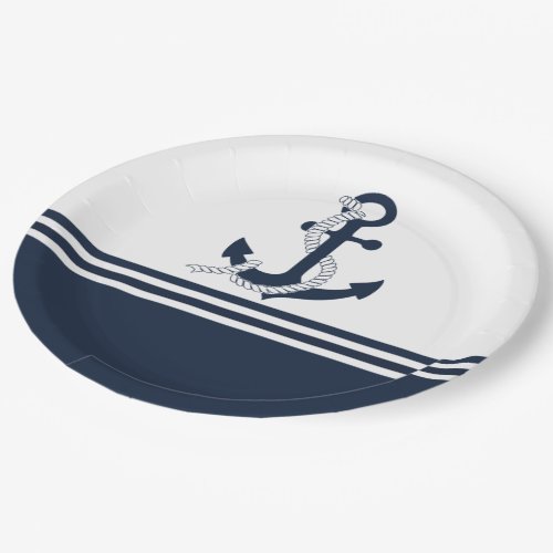 Nautical blue anchors with blue and white stripes paper plates