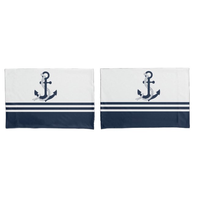 Nautical blue anchors with blue and white stripes pillow case (Front-Set)