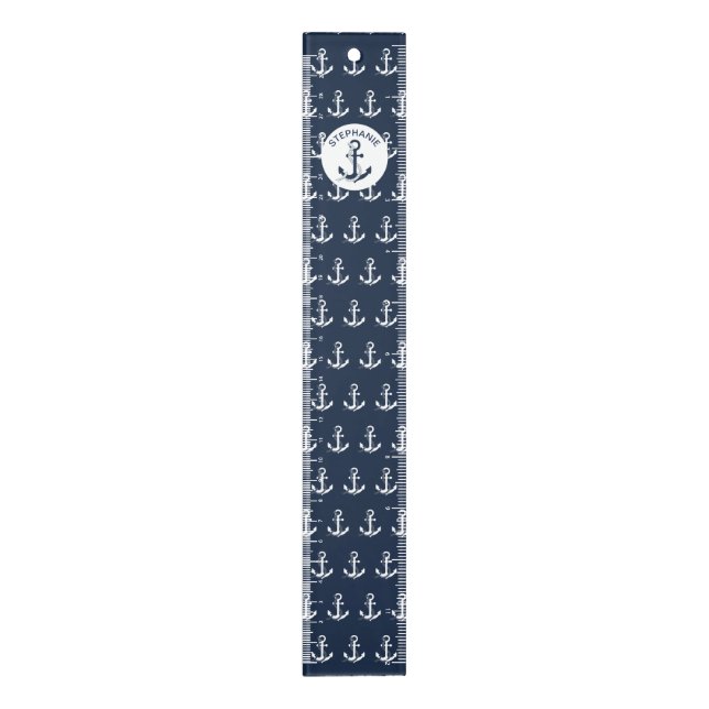 Nautical blue anchors with blue and white stripes ruler (Vertical)