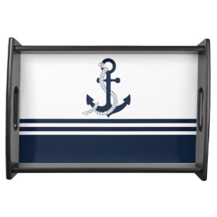 Nautical blue anchors with blue and white stripes serving tray