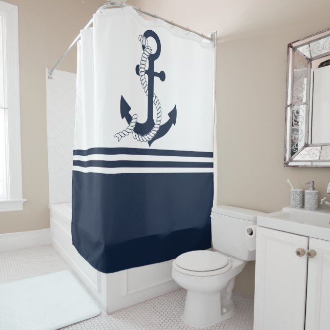 Nautical blue anchors with blue and white stripes shower curtain (In Situ)