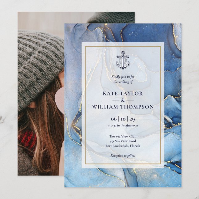 Nautical Blue And Gold Agate Anchor Wedding Photo Invitation (Front/Back)