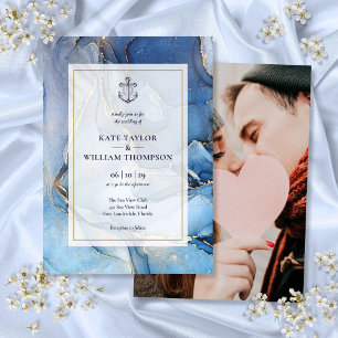 Nautical Blue And Gold Agate Anchor Wedding Photo Invitation