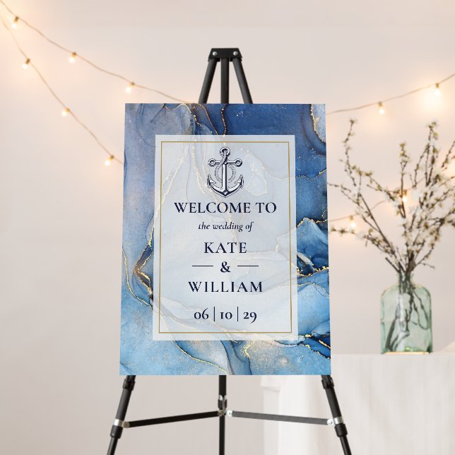 Nautical Blue And Gold Agate Wedding Welcome Sign (In Situ (Stand))
