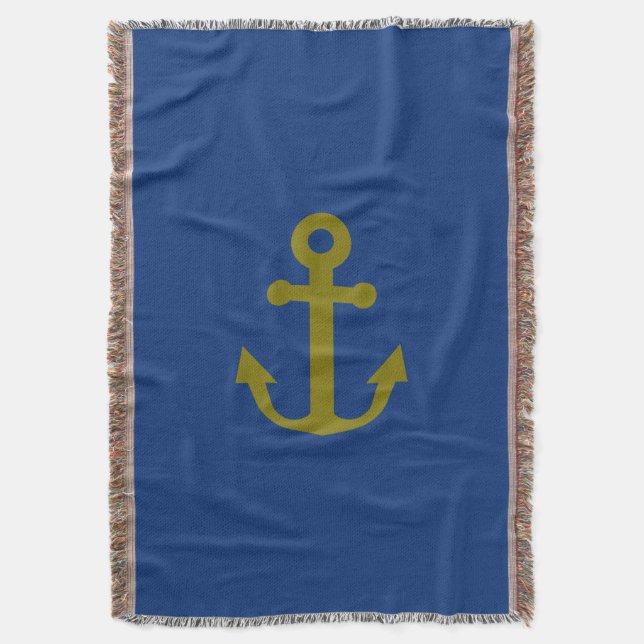Nautical Blue And Gold Anchor Throw Blanket (Front Vertical)