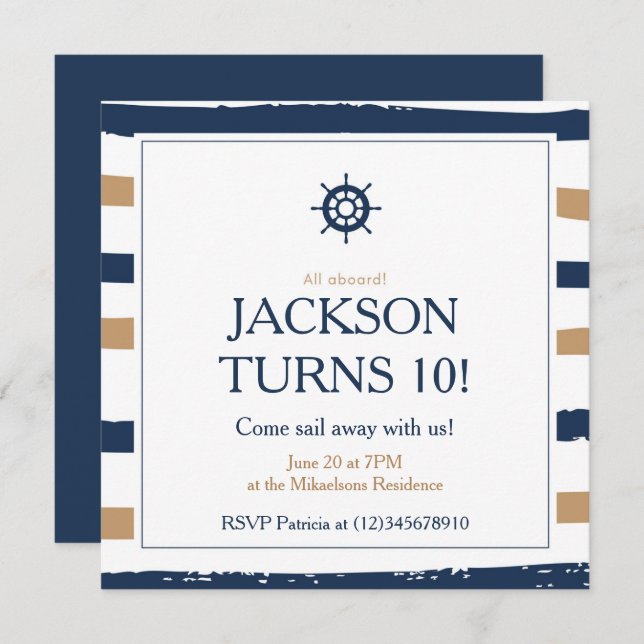 Nautical Blue and Gold Birthday Party Invitation (Front/Back)