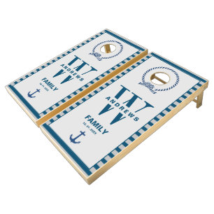 Nautical blue and gray Anchor Monogram family Co Cornhole Set