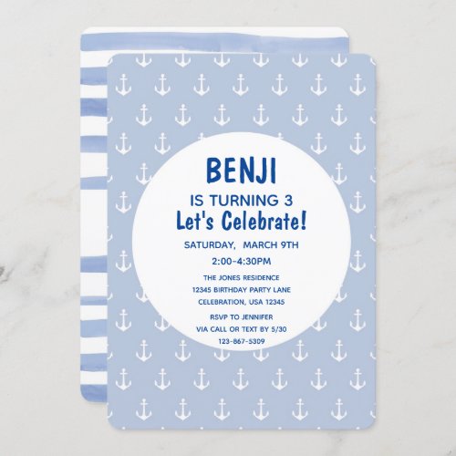 Nautical Blue and Navy Anchor Birthday Invitation