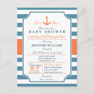 Nautical Blue and Orange Anchor Baby Shower Invitation Postcard
