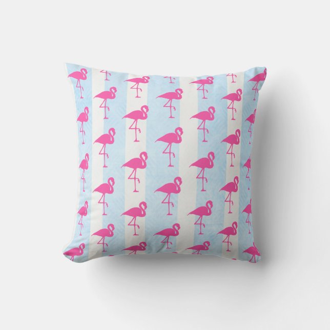 Nautical Blue and Pink Flamingo Beach House Pillow (Front)