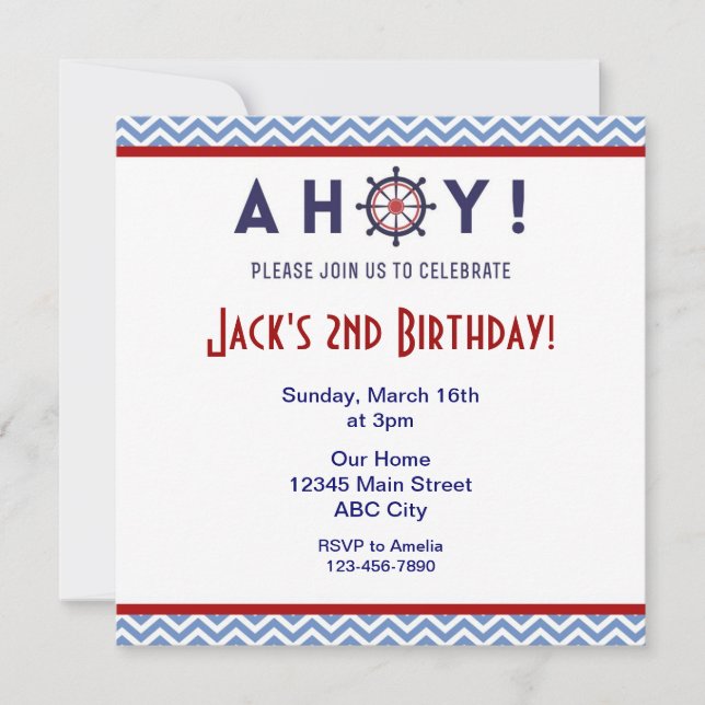 Nautical Blue and Red Birthday Party Invite (Front)