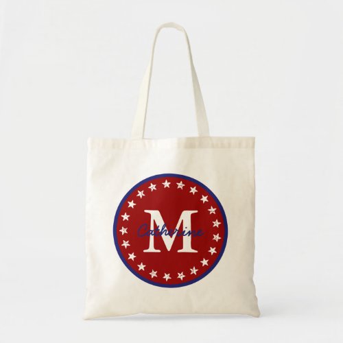 Nautical Blue and Red With Stars Monogram Tote Bag