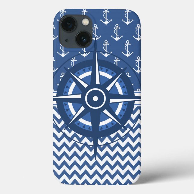 Nautical Blue and White Anchor and Chevron Pattern Case-Mate iPhone Case (Back)