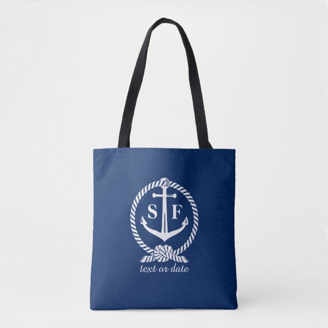 Nautical Blue and White Anchor Monogrammed Custom Tote Bag (Front)