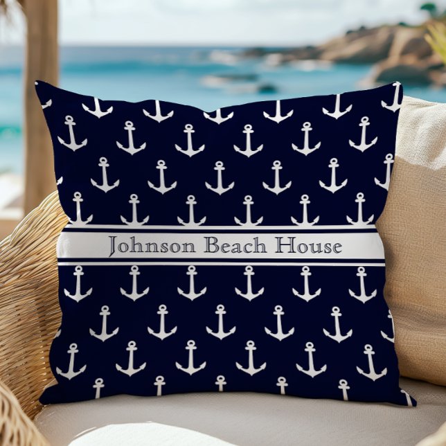 Nautical Blue And White Anchor Pattern Name Throw Pillow (Creator Uploaded)