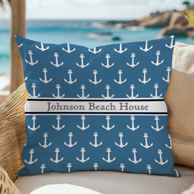 Nautical Blue And White Anchor Pattern Name Throw Pillow (Creator Uploaded)