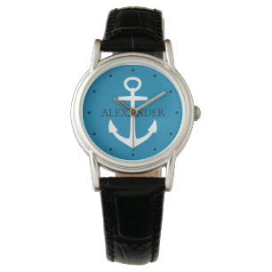 Nautical Blue and White Anchor Personalized Watch