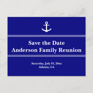 Nautical Blue and White Anchor Text Family Reunion Announcement Postcard