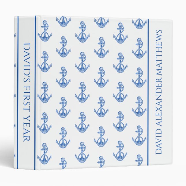 Nautical Blue and White Anchors First Year Memory 3 Ring Binder (Front/Spine)