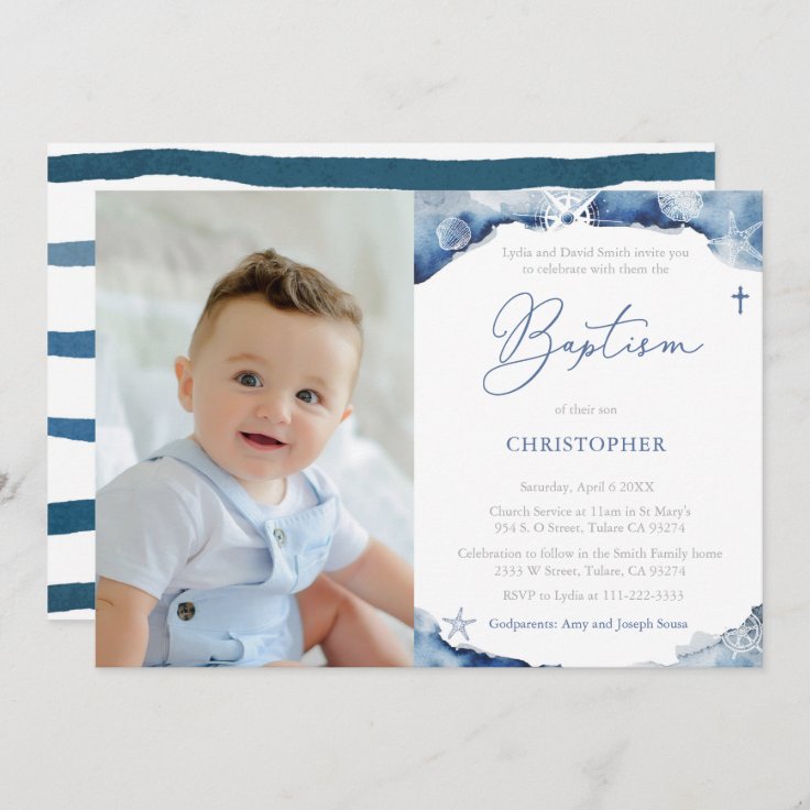 Nautical Blue And White Baptism Ceremony Picture Invitation | Zazzle