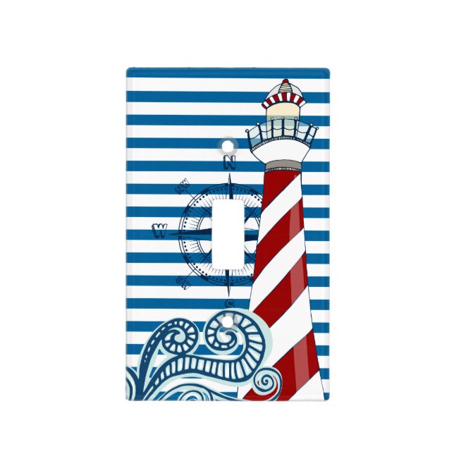 Nautical Blue and White Horizontal Stripe Light Switch Cover (Front)
