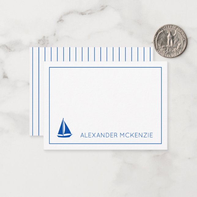 Nautical Blue and White Sailboat Personalized Note Card (Front/Back In Situ)
