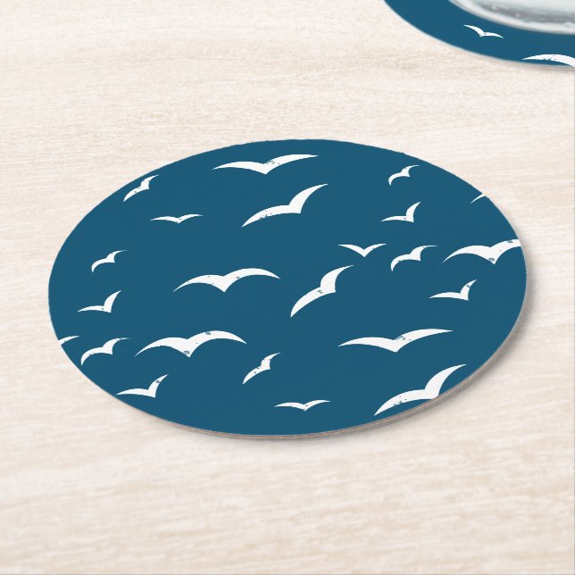 Nautical Blue and White Sea Bird Patterned Round Paper Coaster (Angled)