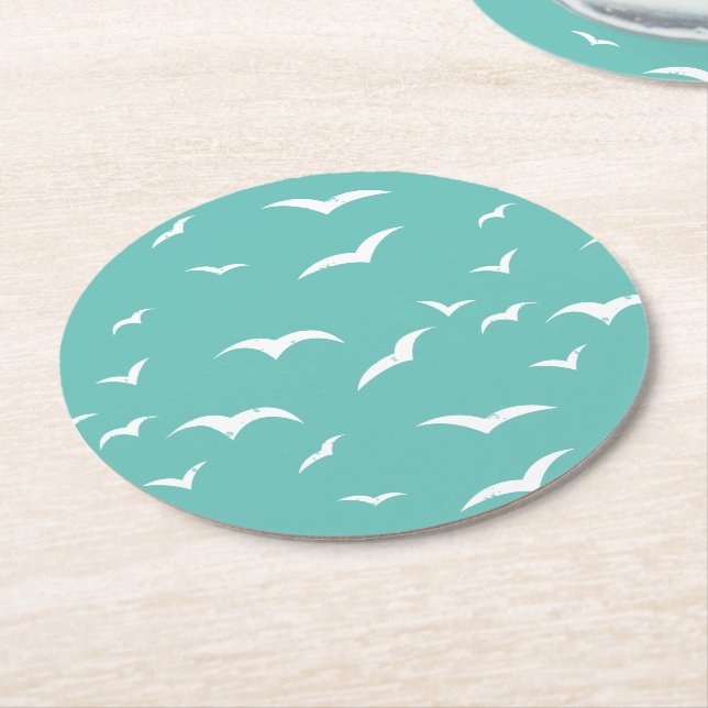 Nautical Blue and White Sea Bird Patterned Round Paper Coaster (Angled)