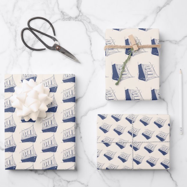 Nautical Blue and White Ship Sailing Boat  Wrapping Paper Sheets (Front)