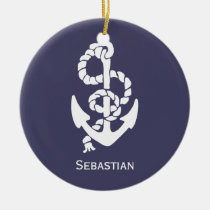 Nautical Blue And White Ships Anchor And Rope Ceramic Ornament