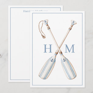 Nautical Blue and White Stripe Boat Oars Monogram Note Card