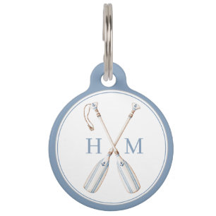 Nautical Blue and White Stripe Boat Oars Monogram Pet ID Tag